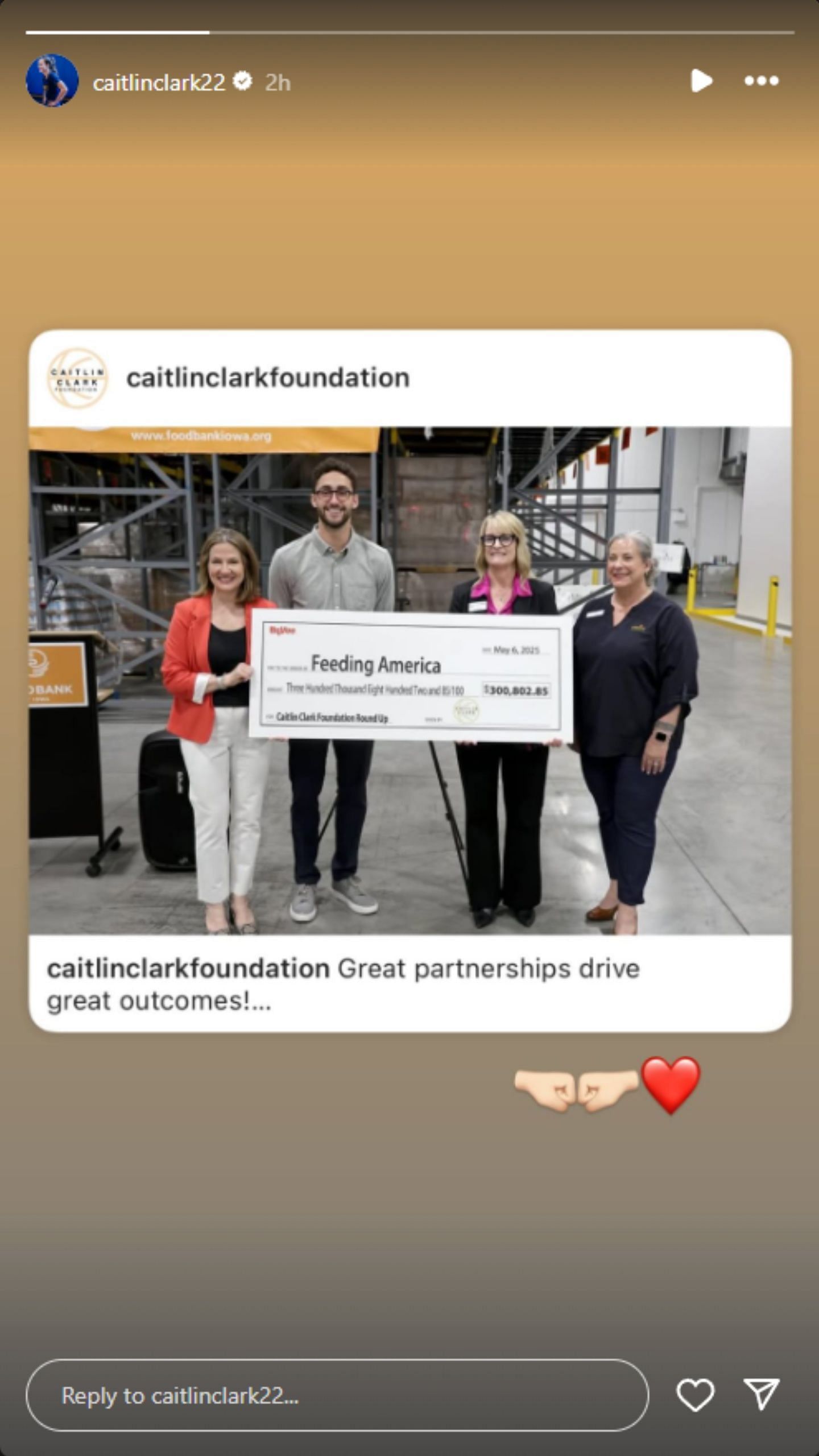 Caitlin Clark reacts to her foundation raising money for charity. (Photo: @caitlinclark22 on IG)